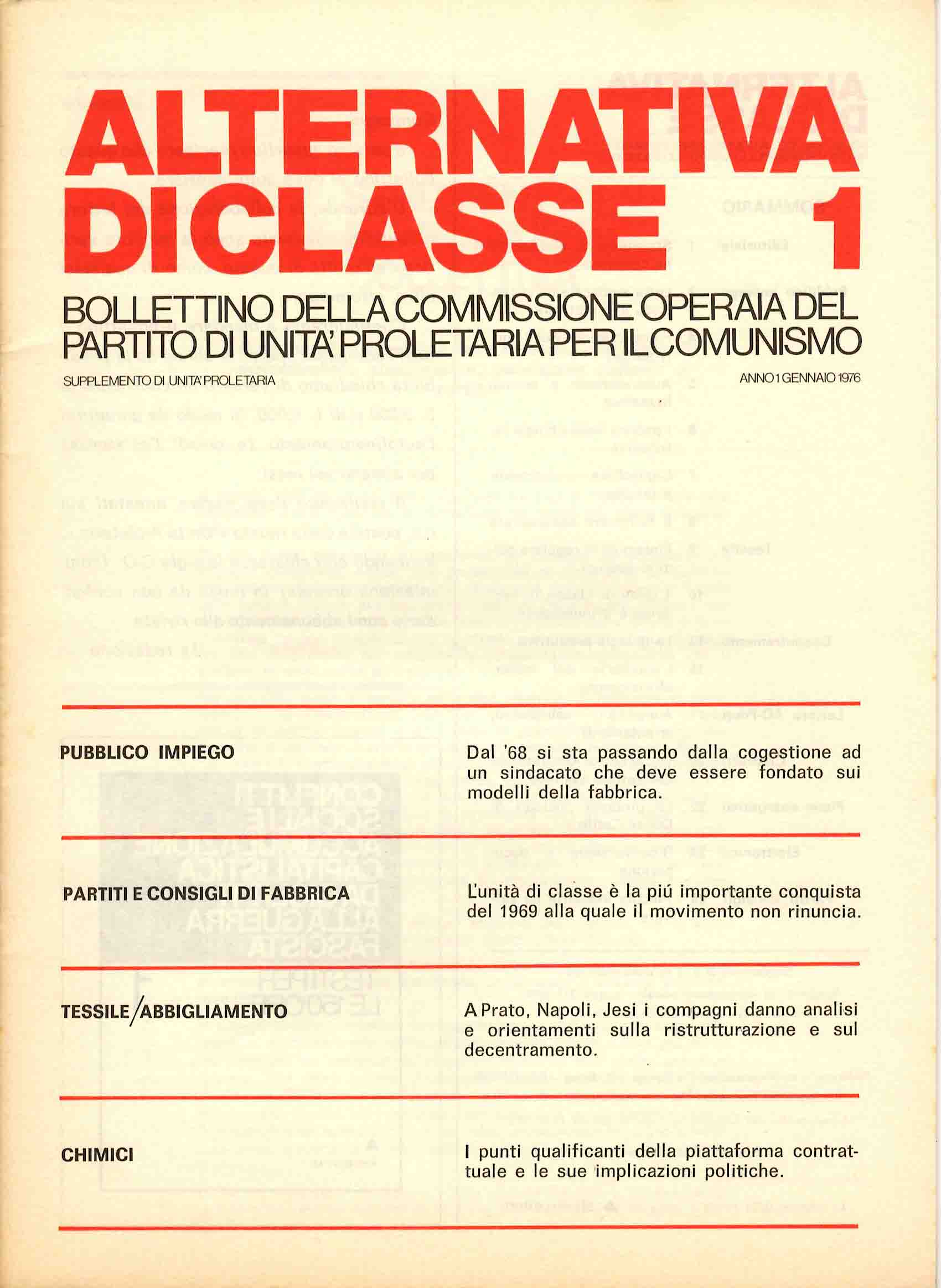Alternativa di Classe. Bollettino della Commissione Operaia del Partito di Unità Proletaria per il Comunismo